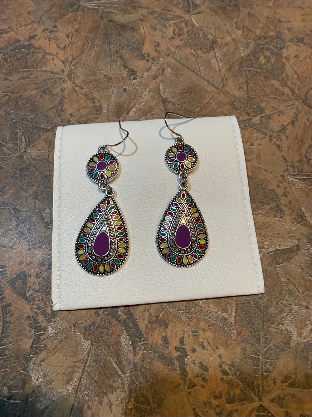 Bohemian Purple Teardrop Dangle Earrings with button close case
